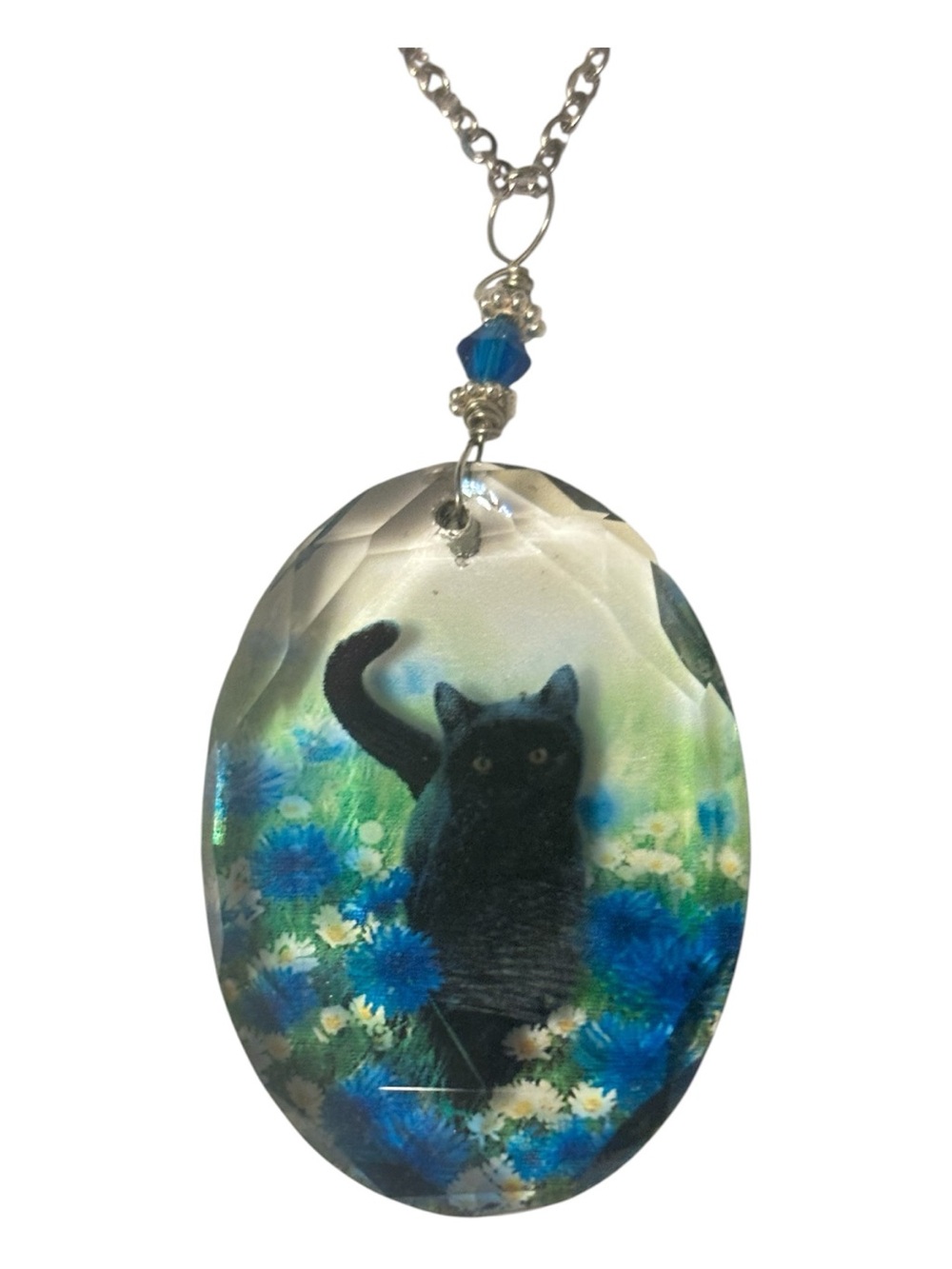 Crystal Cat Pendant Necklace - Black Cat on meadow walk 18” chain